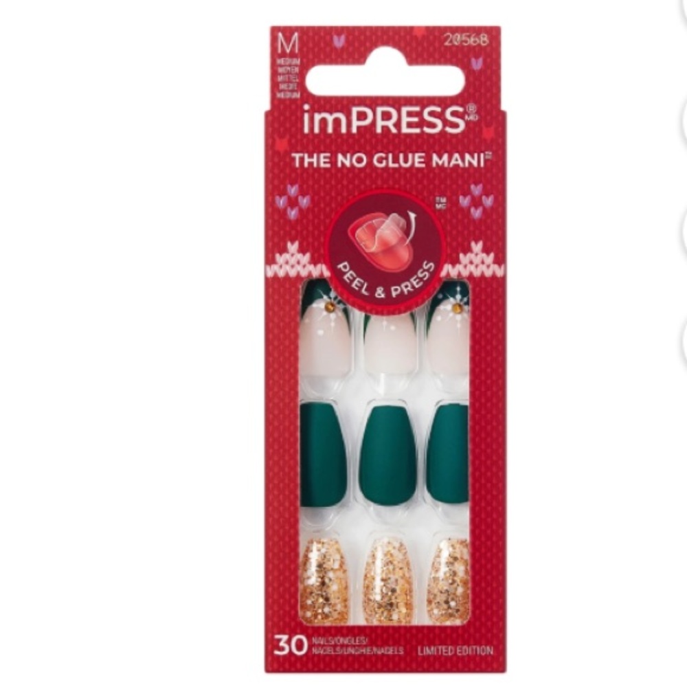 🇺🇸4 For $20 KISS imPRESS Press On Nails, ‘The Gift’, Green/Gold, Medium Coffin